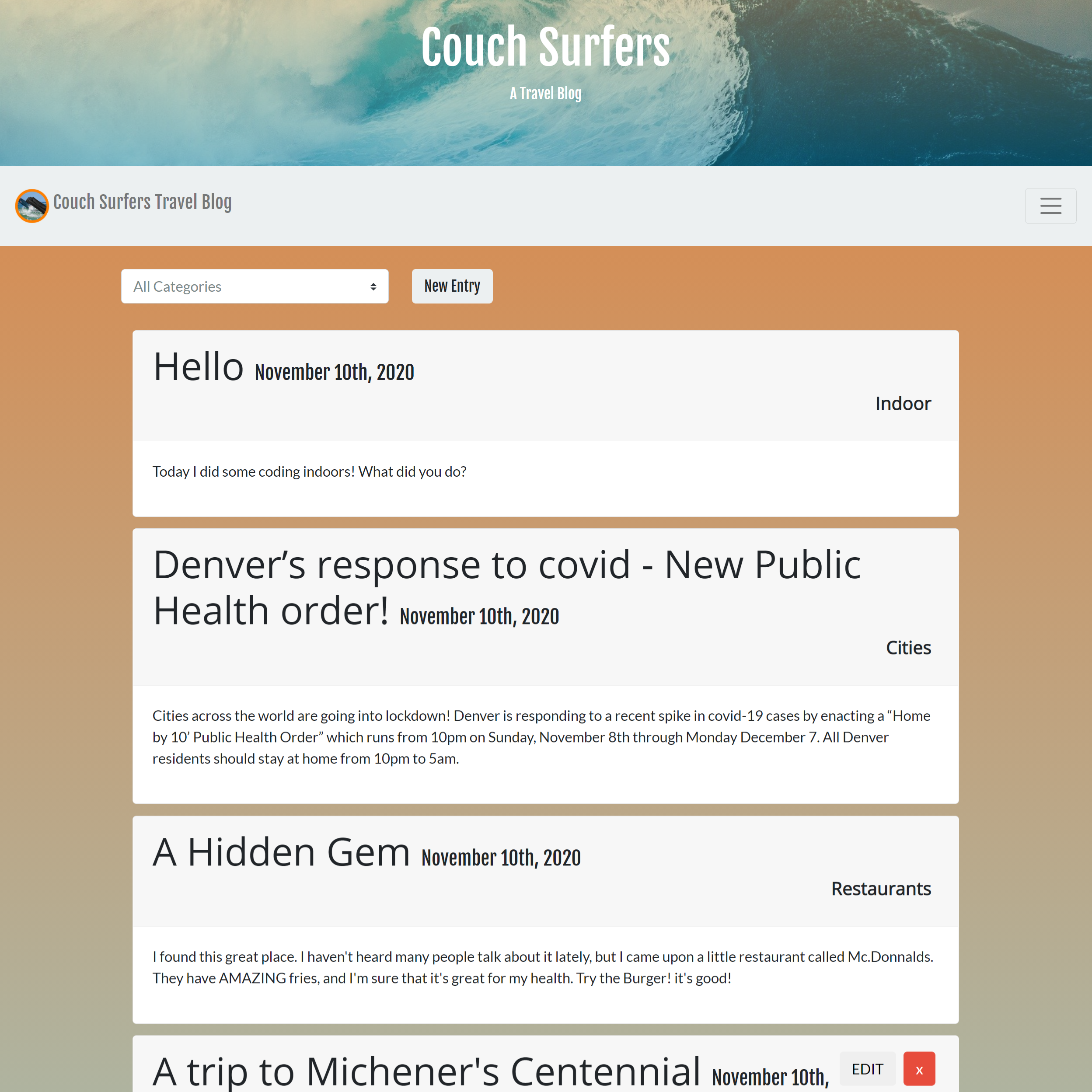 screenshot of Couch Surfers Travel Blog site