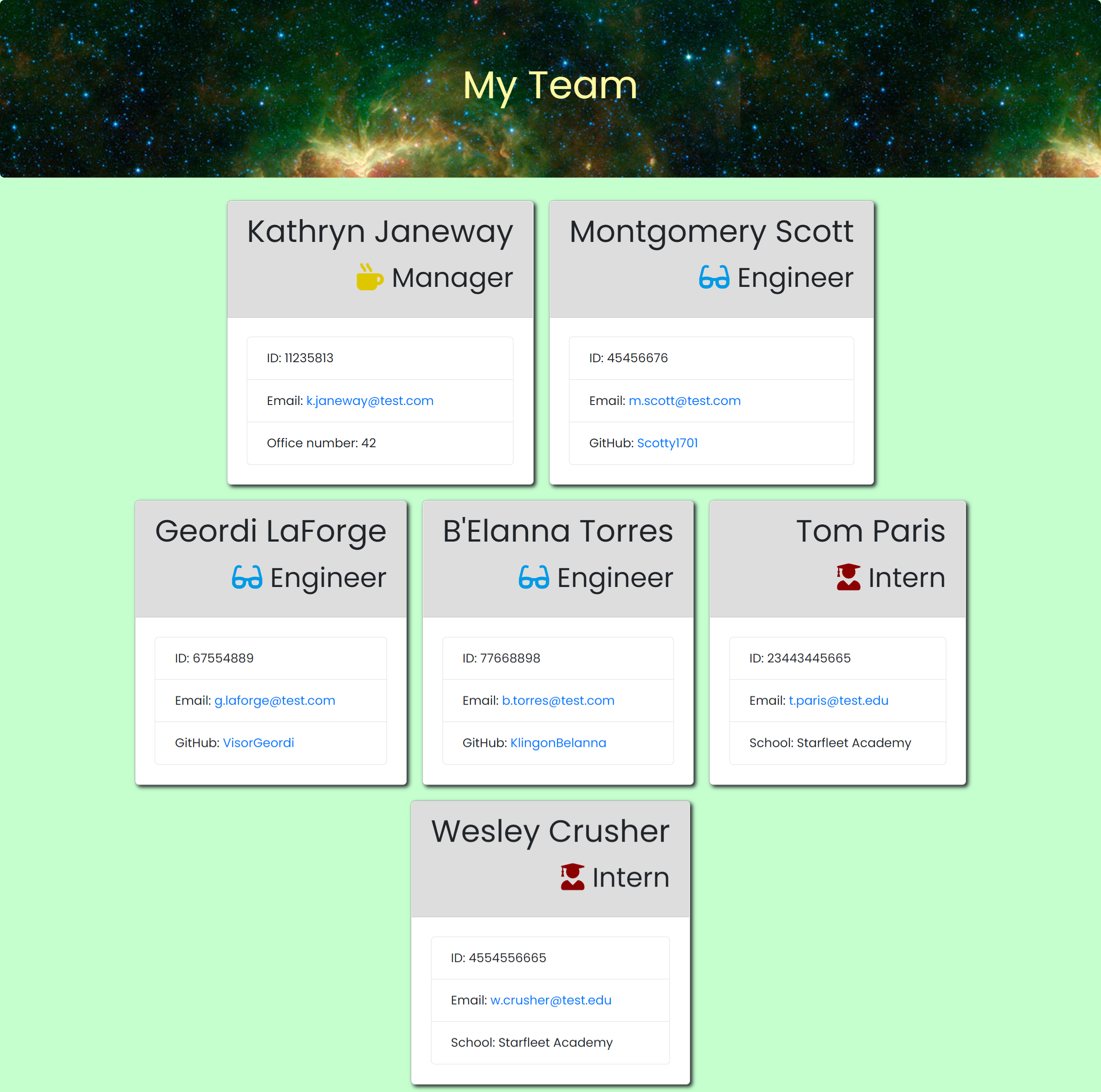 screenshot of team roster generated by the application