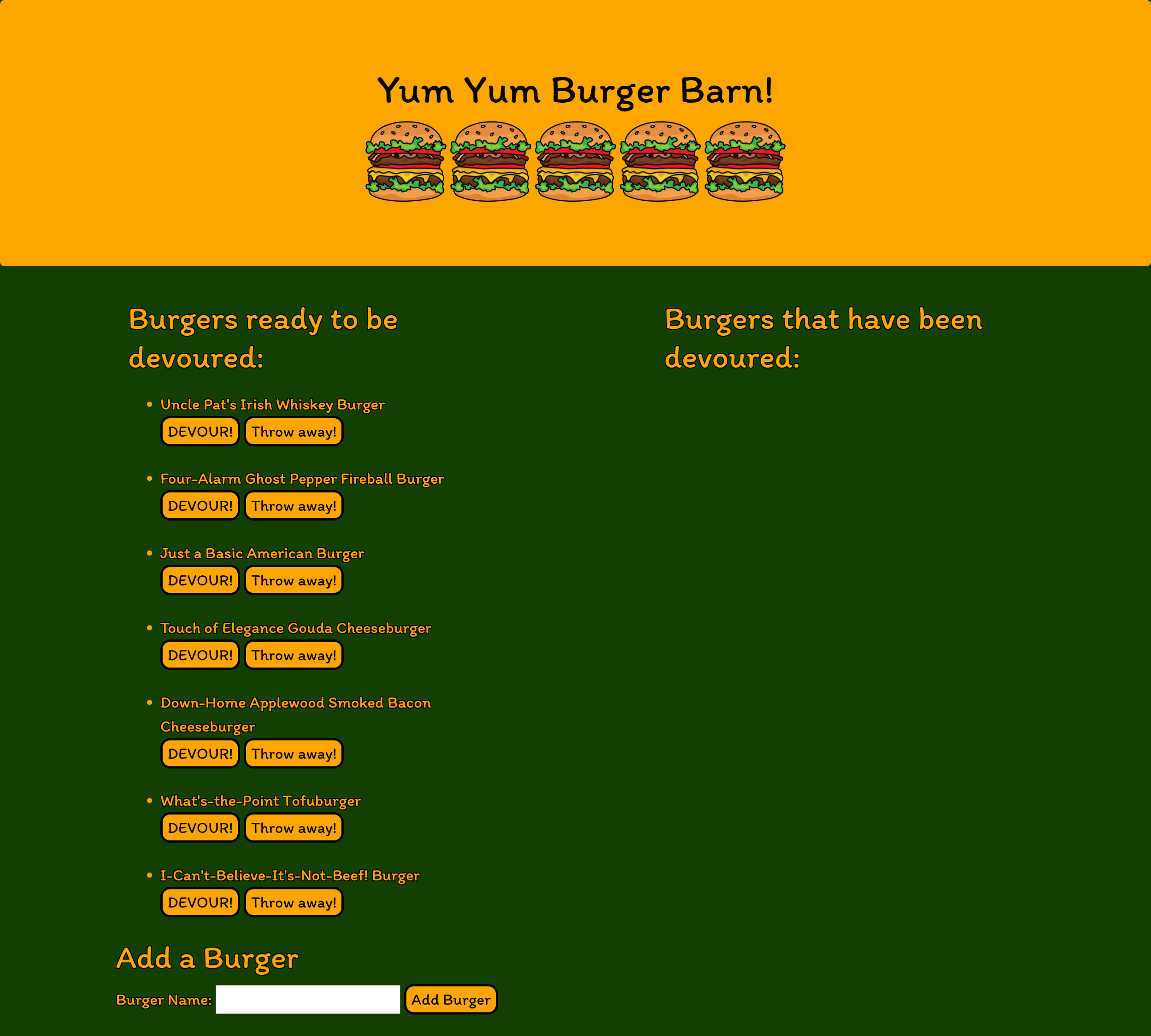 screenshot of Burger Logger site